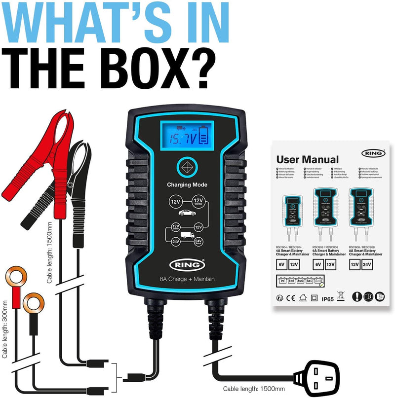 Ring RSC808 12v 24v 8A Start/Stop Car Van Truck Smart Battery Charger & Maintainer +Caps