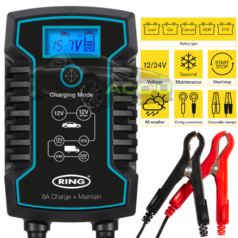 Ring RSC808 12v 24v 8A Start/Stop Car Van Truck Smart Battery Charger & Maintainer +Caps