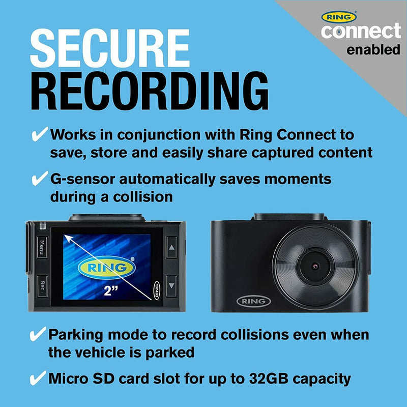 Ring RSDC2000 1080P WIFI APP G-Sensor Car Dash Cam Camera Video Journey Recorder +Caps