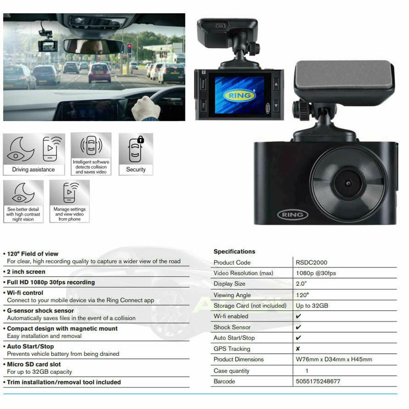 Ring RSDC2000 1080P WIFI APP G-Sensor Car Dash Cam Camera Video Journey Recorder +Caps