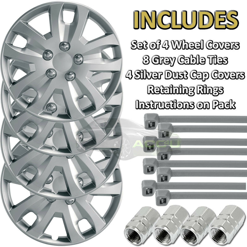 16" Silver Gyro Spyder Sports Look Car Wheel Trims Hub Caps Covers Set+Dust Caps+Ties