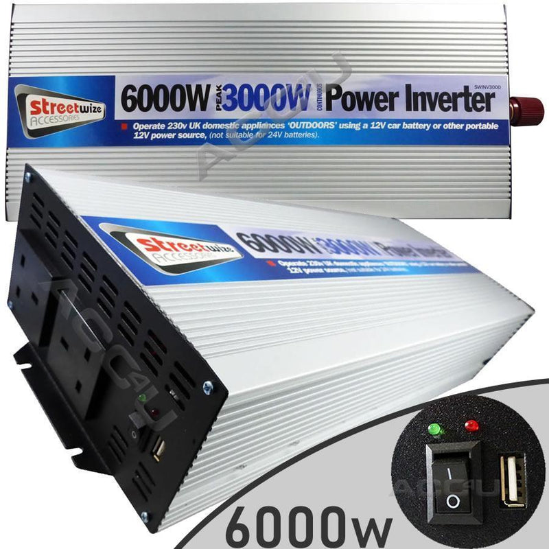 12v Car Battery to 230v Home Mains Socket USB 6000w Peak Power Inverter SWINV3000