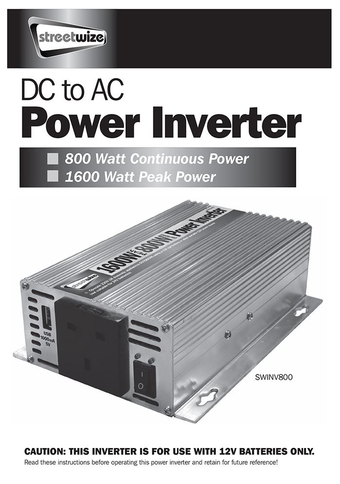 12v Car Battery to 230v Home Mains Socket USB 1600w Peak Power Inverter SWINV800