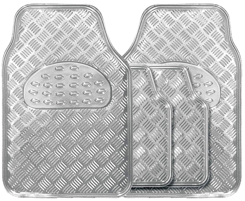 Shiny Silver Chrome Look Checker Style Effect Car Rubber Floor Mats Set of 4