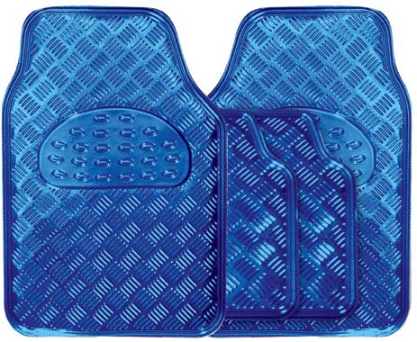 Shiny Blue Chrome Look Checker Style Effect Car Rubber Floor Mats Set Of 4