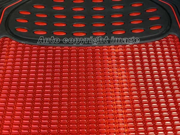 Revelation Shiny Red Metallic Checker Effect Heavy Duty Car Black Rubber Mats Set of 4