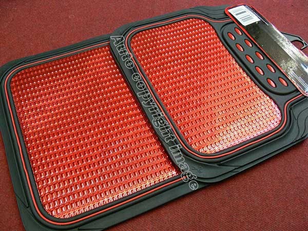 Revelation Shiny Red Metallic Checker Effect Heavy Duty Car Black Rubber Mats Set of 4