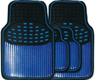 Revelation Shiny Blue Metallic Checker Effect Heavy Duty Car Black Rubber Mats Set of 4