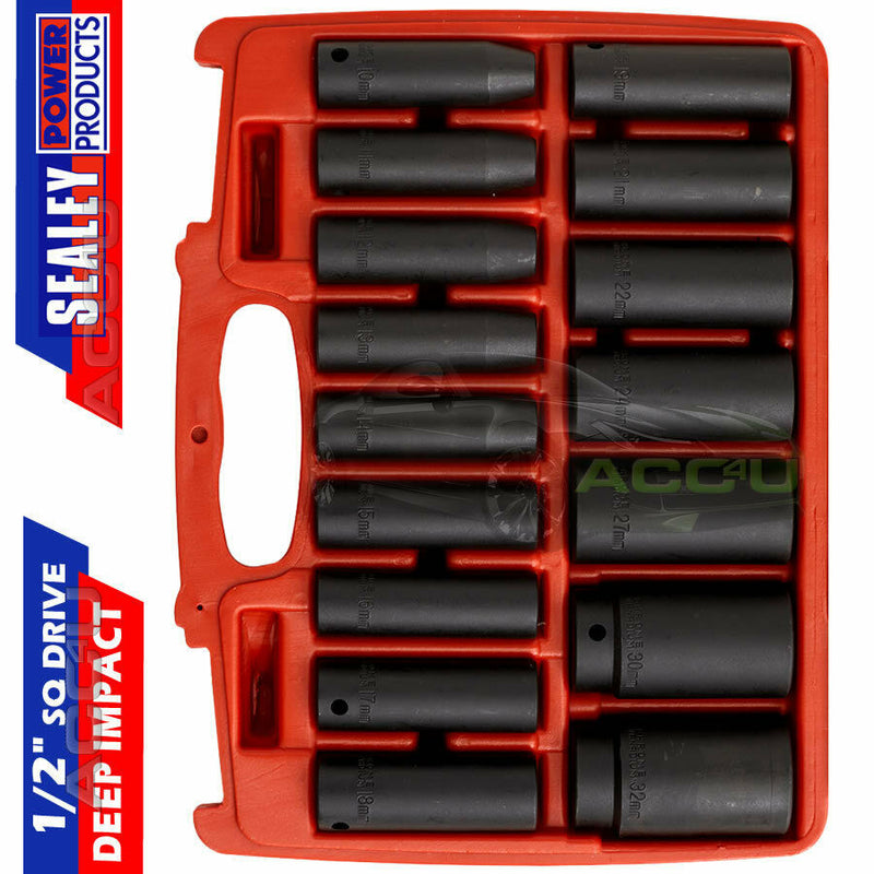 Sealey 16 Pcs 1/2" SQ Drive 10mm - 32mm Metric Deep Impact WallDrive Sockets Set