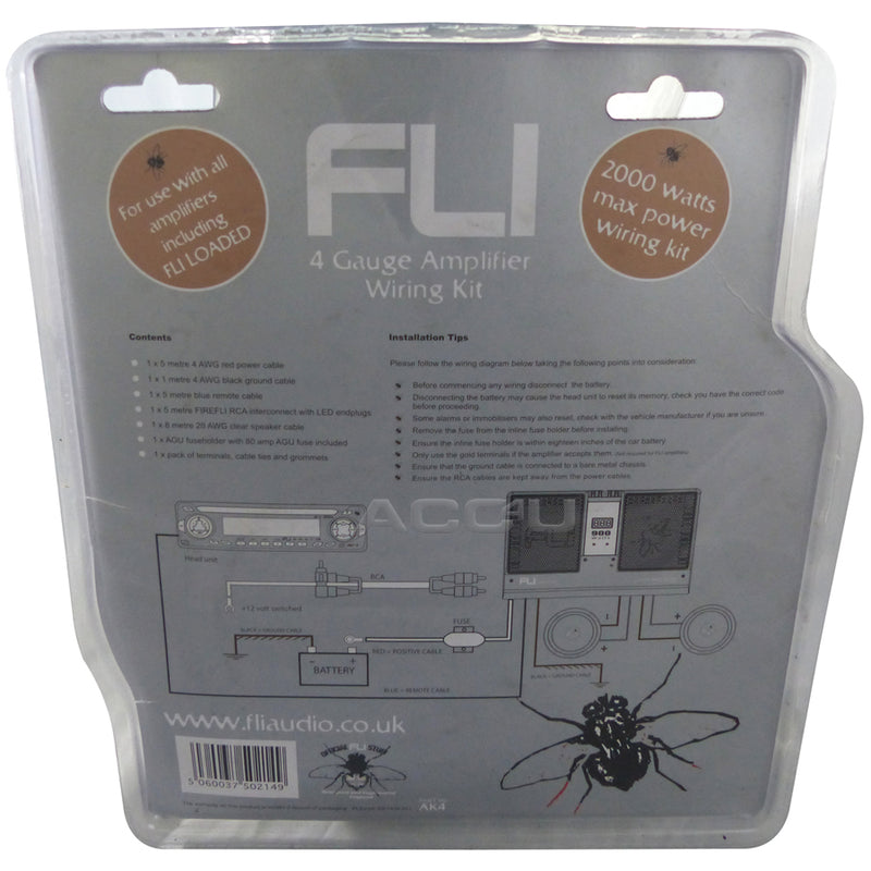 Fli Audio AK4 12v 4 Awg Gauge 2000 Watts System Car Amp Amplifier LED Wiring Kit