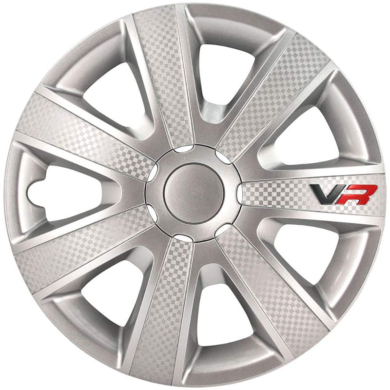 15" VR Silver Carbon Fibre Look Car Wheel Trims Hub Caps Covers Set+Dust Caps+Ties