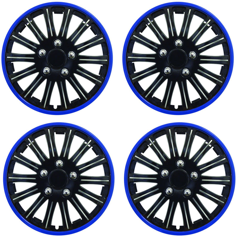 15" Gloss Black Lightning Blue Ring Car Wheel Trims Hub Caps Covers Set+Dust Caps+Ties