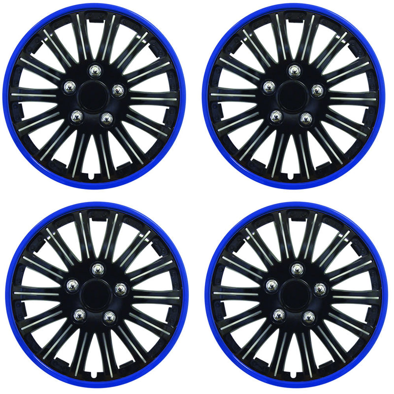 14" Gloss Black Lightning Blue Ring Car Wheel Trims Hub Caps Covers Set+Dust Caps+Ties