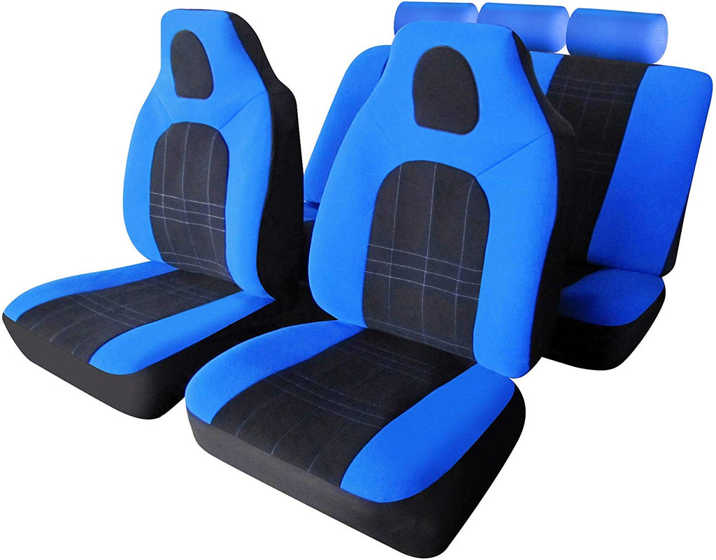 D-Zine Black Blue Velour Fabric Front Built In Headrest Airbag Friendly Car Seat Covers Set