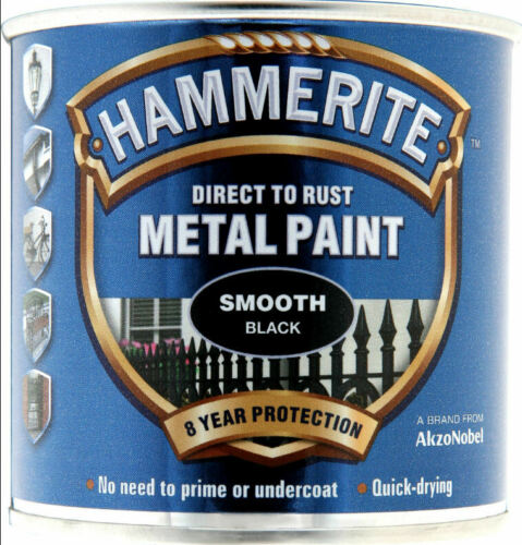 Hammerite Smooth BLACK Finish Direct To Rust Quick Drying Metal Paint 250ml Tin