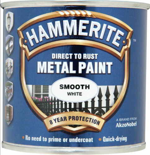 Hammerite Smooth WHITE Finish Direct To Rust Quick Drying Metal Paint 250ml Tin