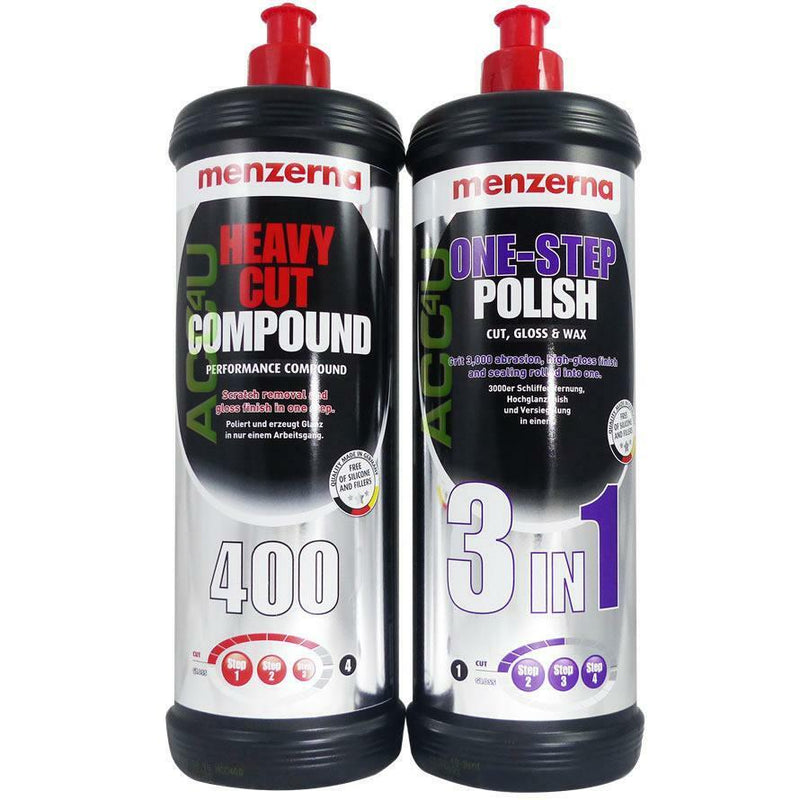 Menzerna Car Paint 3in1 One Step Polish 1L + 400 Heavy Cut Rubbing Compound 1L+Pad