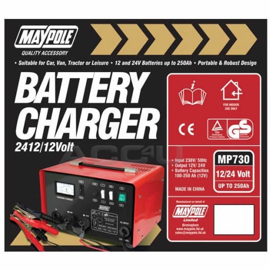 Maypole MP730 12v 24v 20 Amp 250Ah Metal Case Car Van Commercial Battery Charger