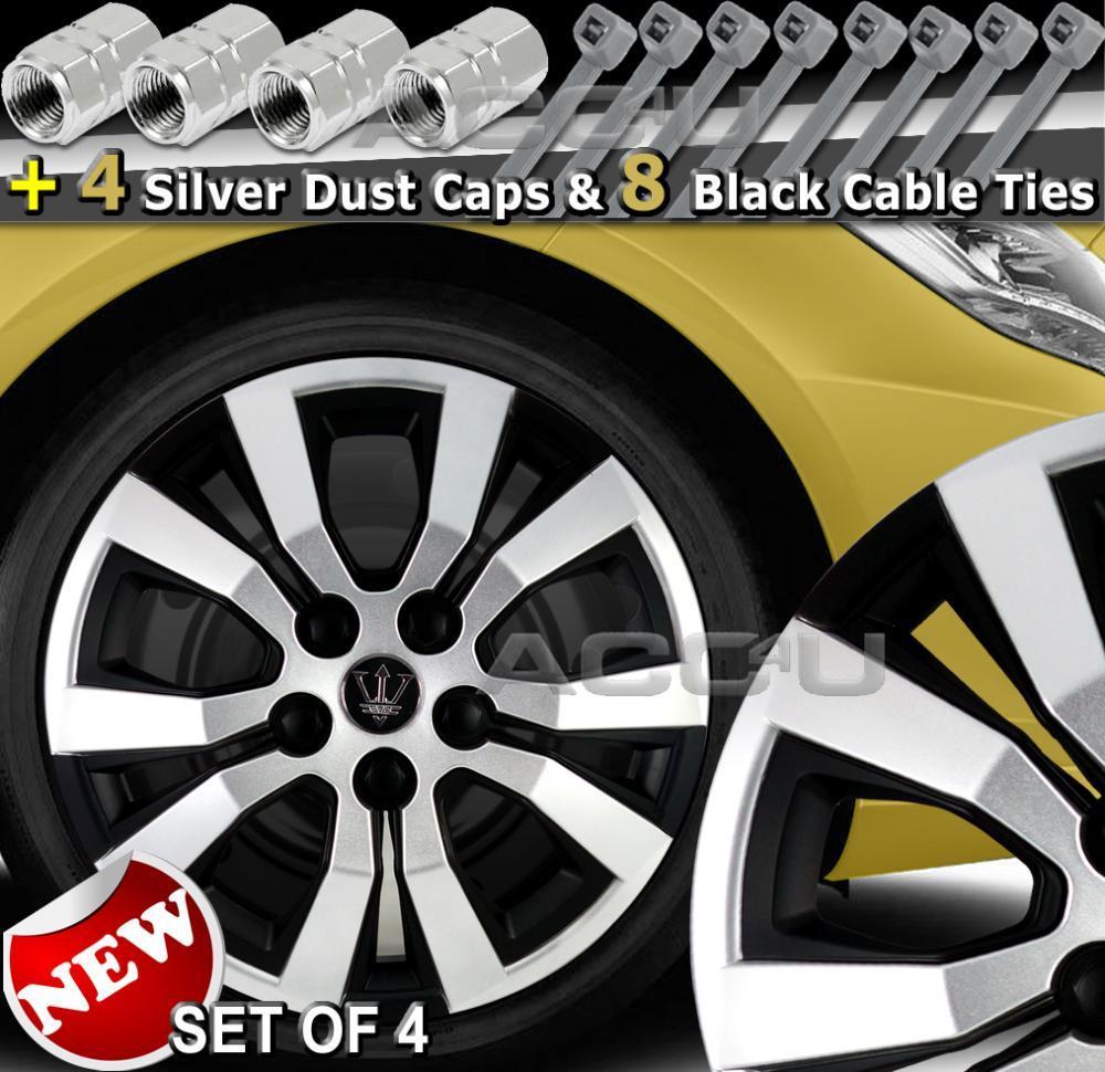 16" Silver / Matt Black Revolution Car Wheel Trims Hub Caps Covers Set+Dust Caps+Ties