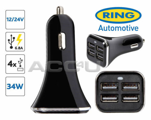 Ring RMS21 12v 24v 6.8A 34W Car 4 Smart Multi USB Sockets Fast Charger Adapter
