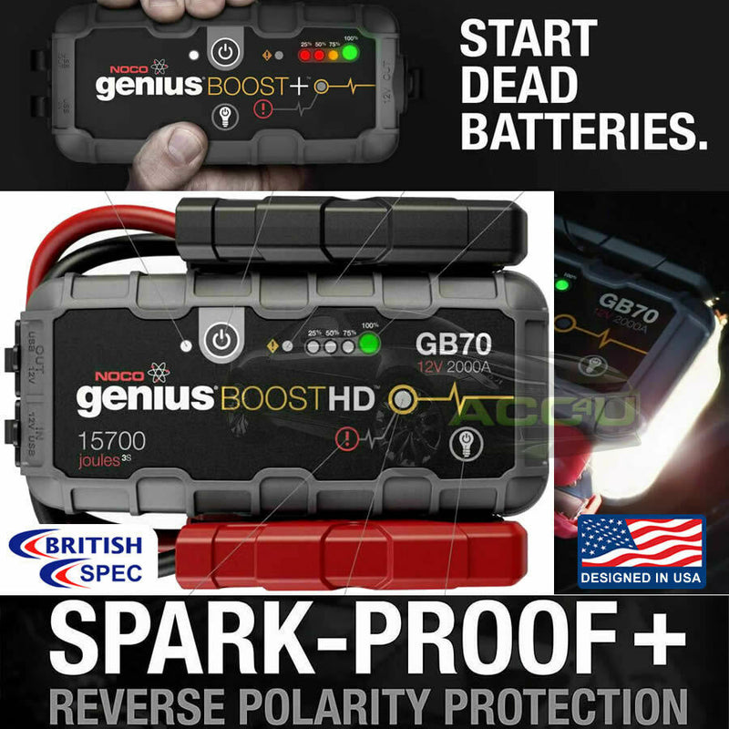 NOCO Genius GB70 Boost HD 12v 2000A Lithium Car Battery Jump Starter Power Pack