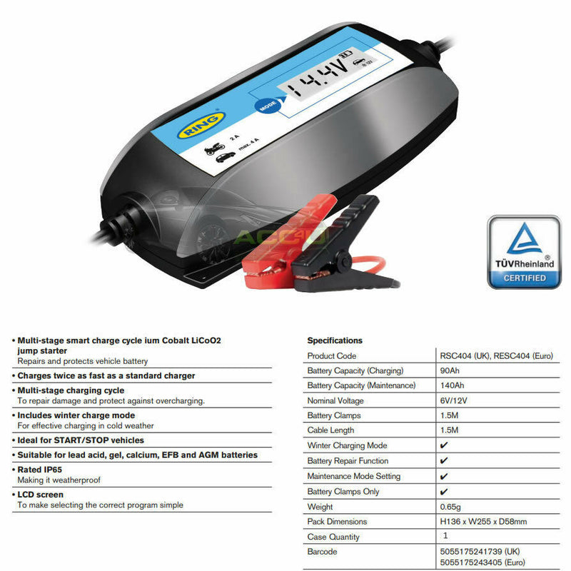 Ring RSC404 6v 12v 4A Digital Intelligent Smart Car Motorbike Battery Charger