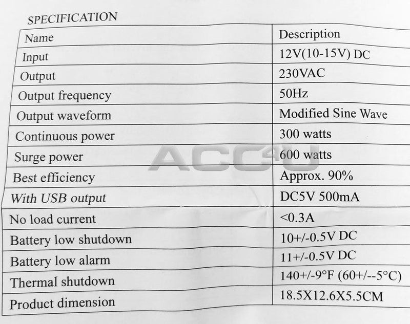 12v Car Battery to 230v Home Mains Socket USB 600w Peak Power Inverter SWINV300