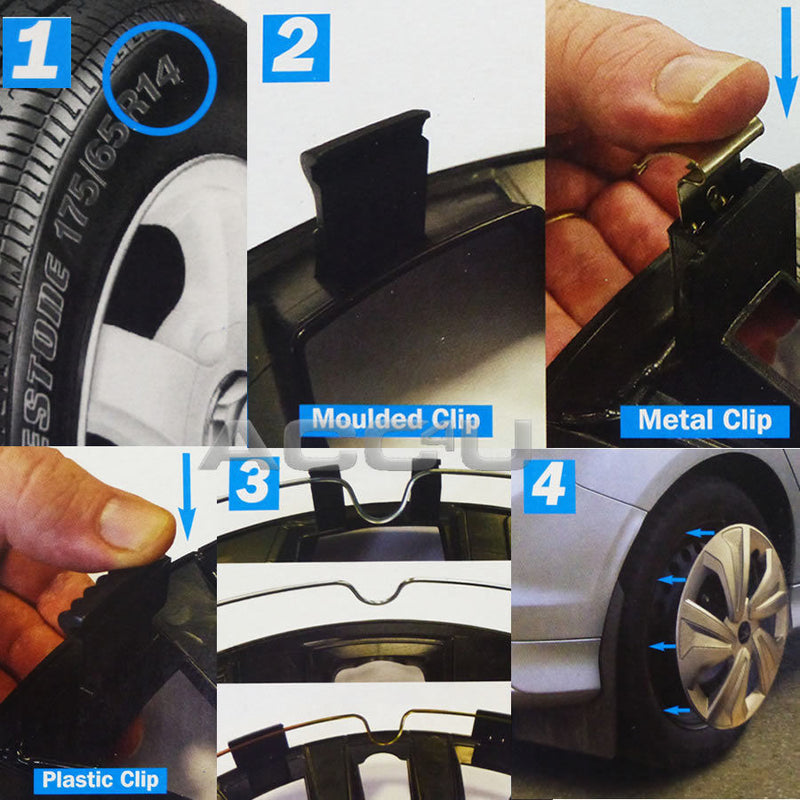 14" Silver / Matt Black Revolution Car Wheel Trims Hub Caps Covers Set+Dust Caps+Ties