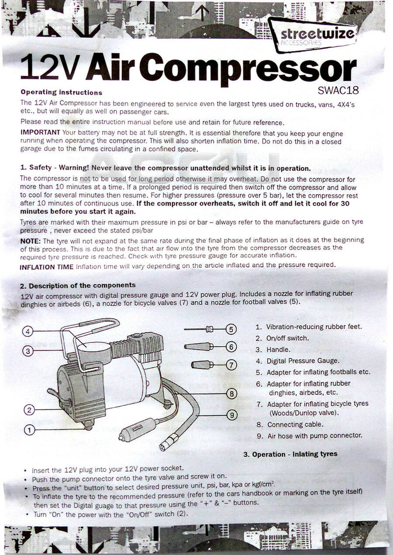 SW 12v Hi Speed Auto Cut-Off Digital Car Tyre Air Compressor Inflator Pump SWAC18