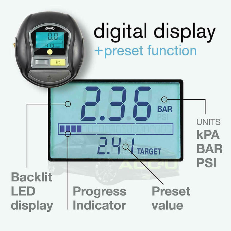 Ring RTC1000 12v Rapid Digital Auto Stop Car Tyre Air Compressor Inflator Pump