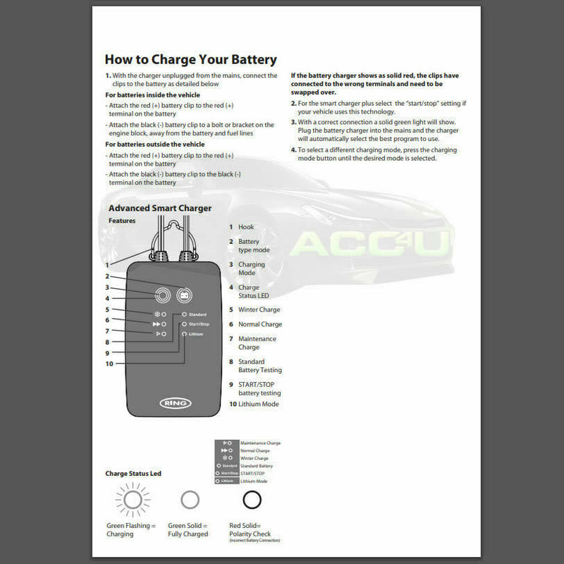 Ring RSC701 6v 12v 1A Start/Stop Car Bike Boat Smart Maintenance Battery Charger