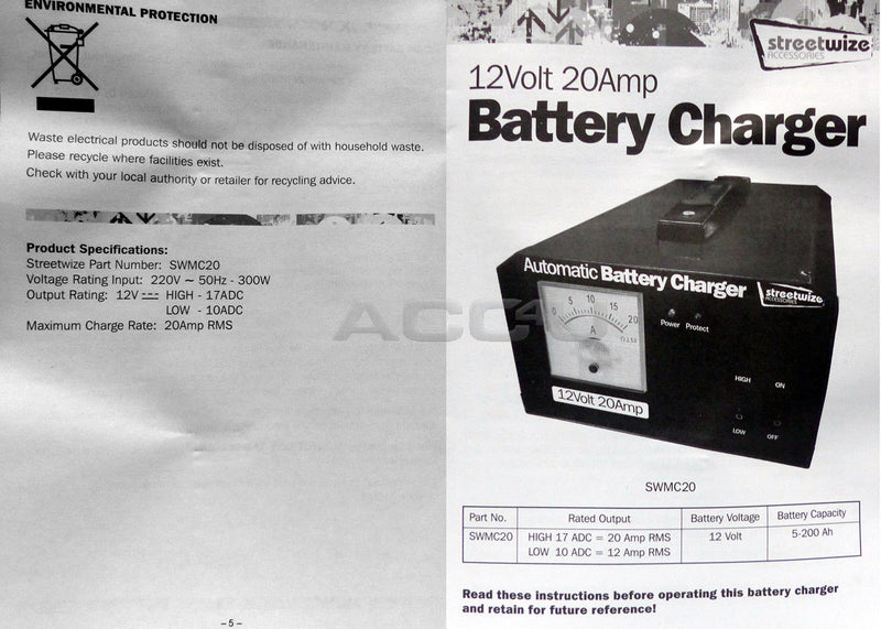 SW 12v 20A 200Ah Car Caravan Motorhome Automatic Maintenance Battery Charger