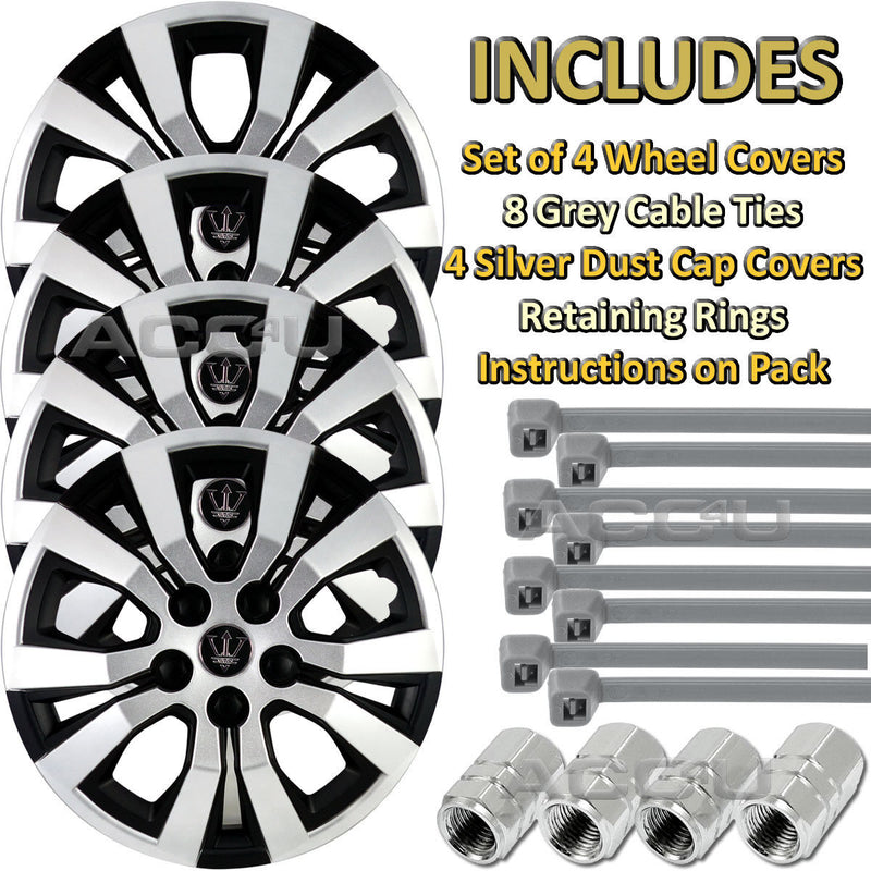 14" Silver / Matt Black Revolution Car Wheel Trims Hub Caps Covers Set+Dust Caps+Ties