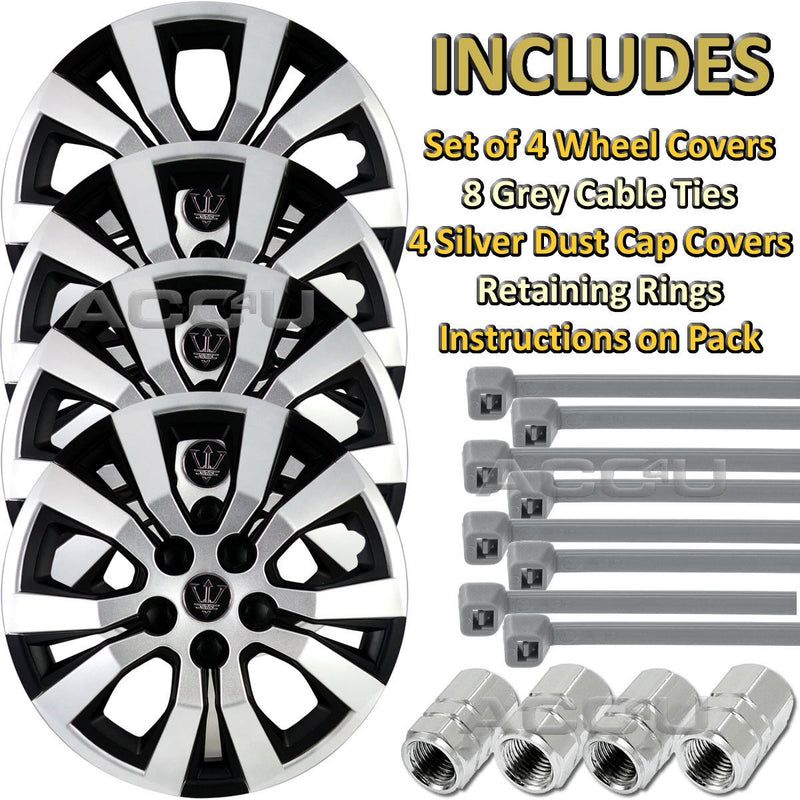 16" Silver / Matt Black Revolution Car Wheel Trims Hub Caps Covers Set+Dust Caps+Ties