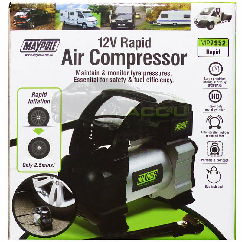 Maypole MP7952 12v Car 4x4 Tyre Rapid Metal Air Compressor Inflator Pump
