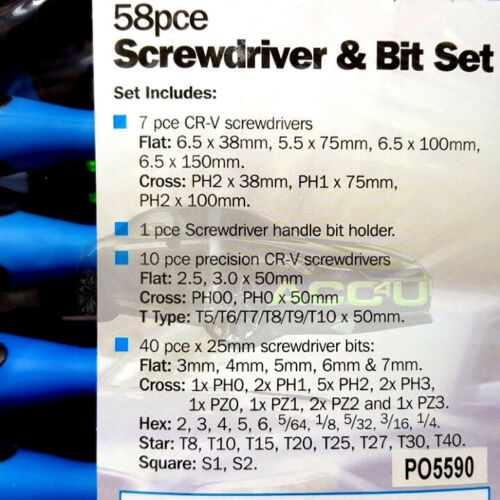 58 Pieces CR-V Flat Cross T Type Hex Star Square Pozi Screwdriver & Bit Bits Set