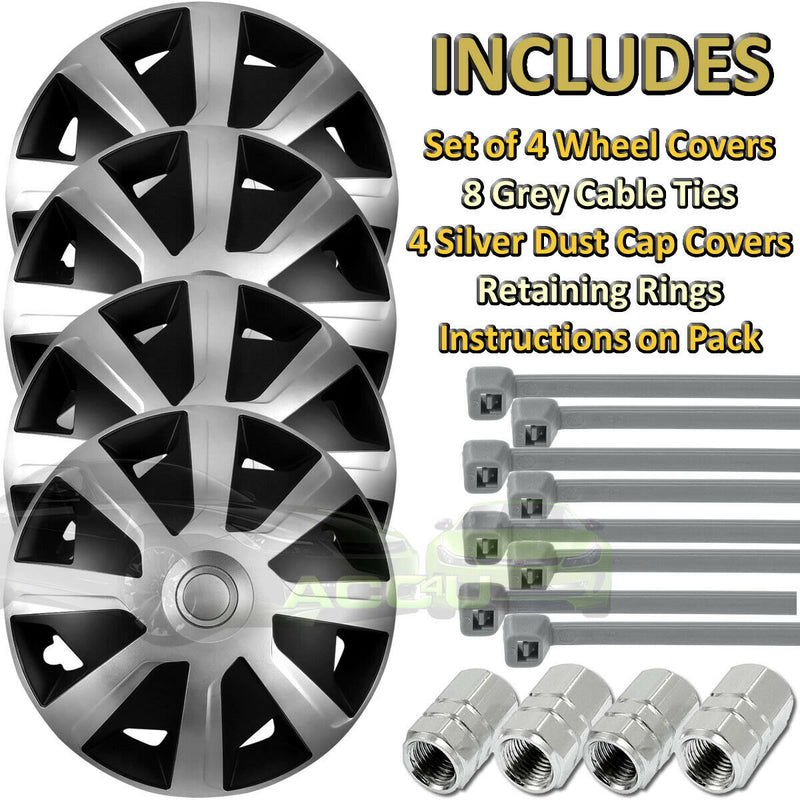 16" Silver Black Van Motorhome Deep Dish Wheel Trims Hub Caps Covers Set+Caps+Ties