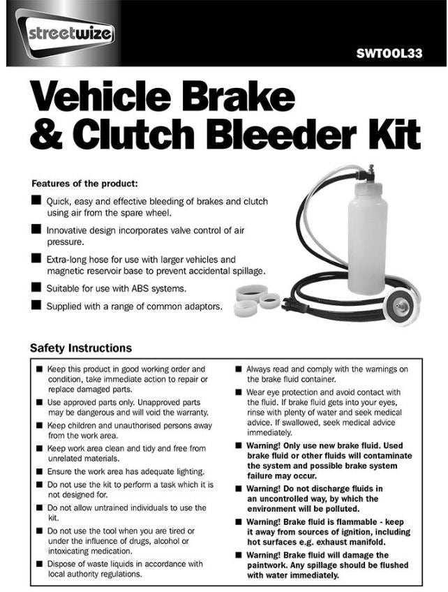 Streetwize Vehicle Car Brake & Clutch Fluid Bleeder Bleeding Tool Kit +Caps