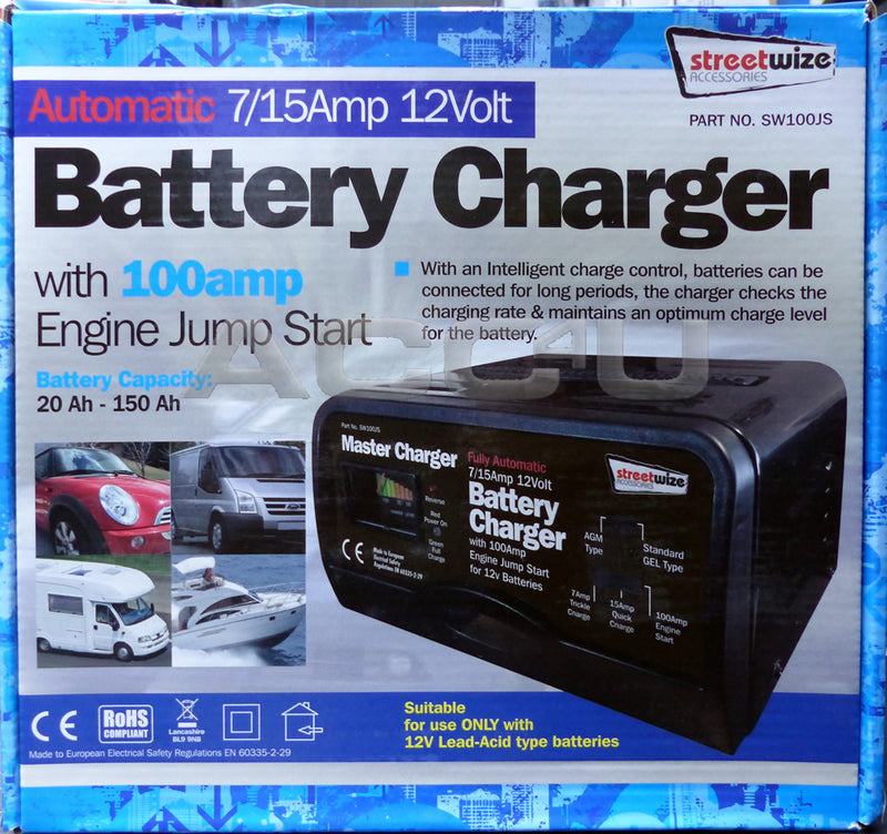 12v 7/15A Automatic Car Van Leisure Battery Charger With 100A Engine Jump Start Starter
