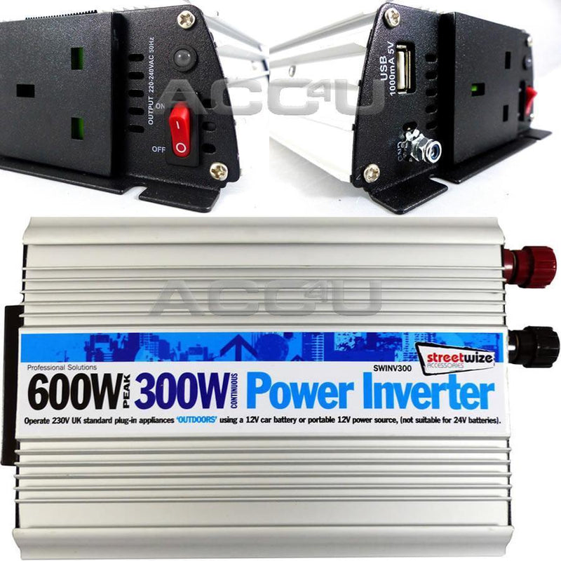 12v Car Battery to 230v Home Mains Socket USB 600w Peak Power Inverter SWINV300