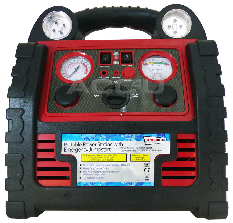 12v 900A Portable Car Battery Jump Starter Air Compressor Inverter Power Pack Station