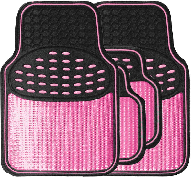 Revelation Shiny Pink Metallic Checker Effect Heavy Duty Car Black Rubber Mats Set of 4